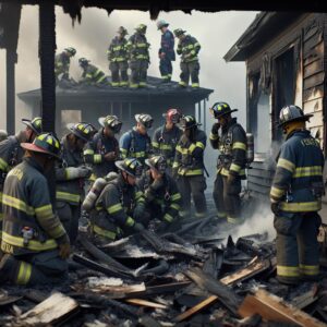 Firefighters investigating burnt house