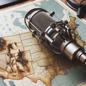 Podcast microphone and Southern map