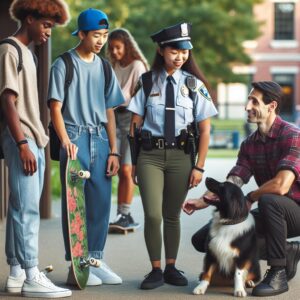 Police officers interacting with teens