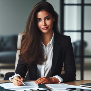 "Young banker at executive table"