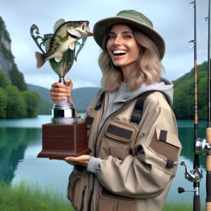 Fisherman celebrating with bass trophy