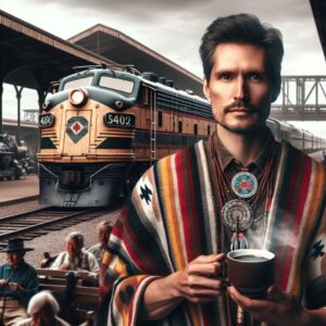 Navajo man holding coffee, train background.