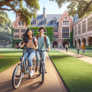 Students riding e-bikes on campus