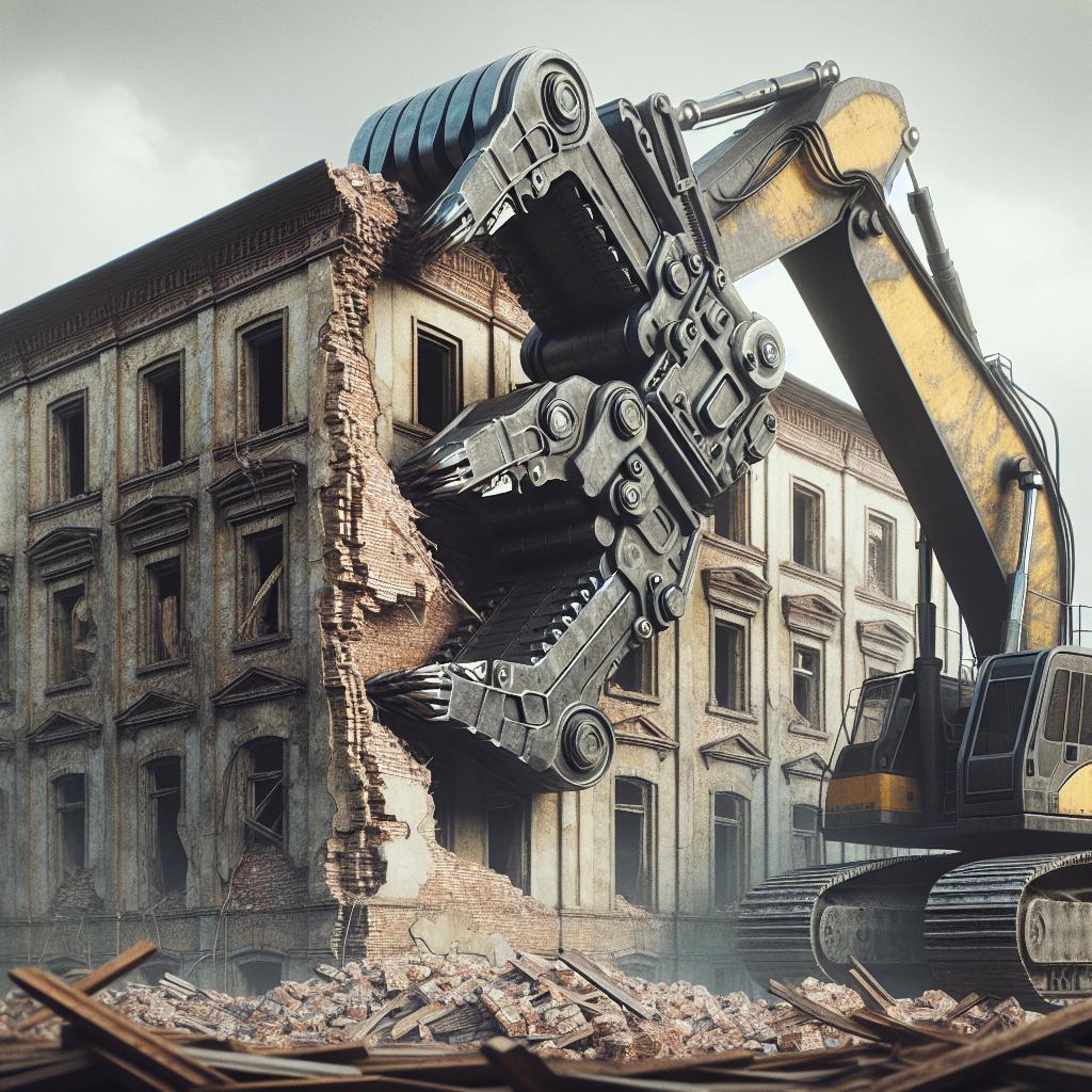 Demolition machinery against old building