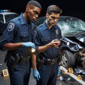 Police officers examining DUI wreckage