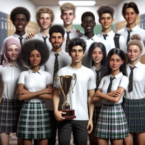 Students holding winning trophy