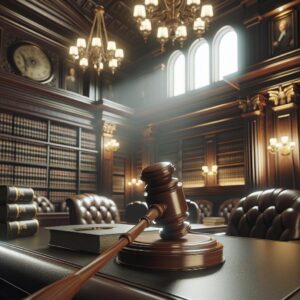 Gavel in courtroom setting