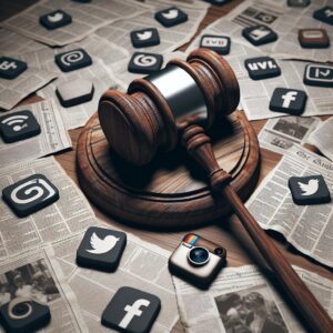 Gavel, news clippings, social media icons