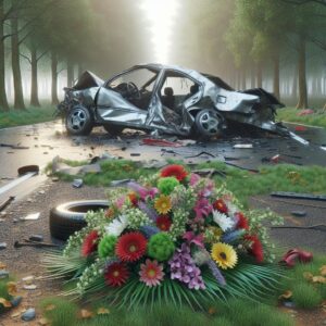 Car accident site, memorial flowers