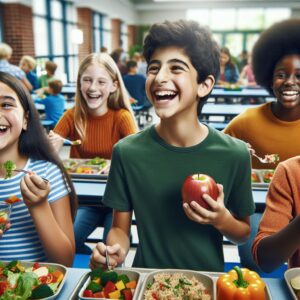 Students eating healthy school meals