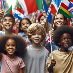 Children waving flags at parade