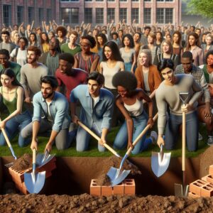 "Students breaking ground at gym construction"