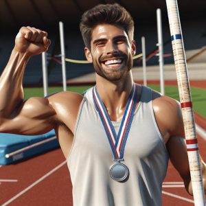 Pole vaulter celebrating with silver medal