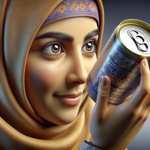 Woman inspecting canned beverage closely