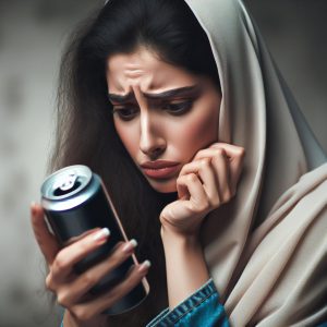 Distressed woman examining beverage can