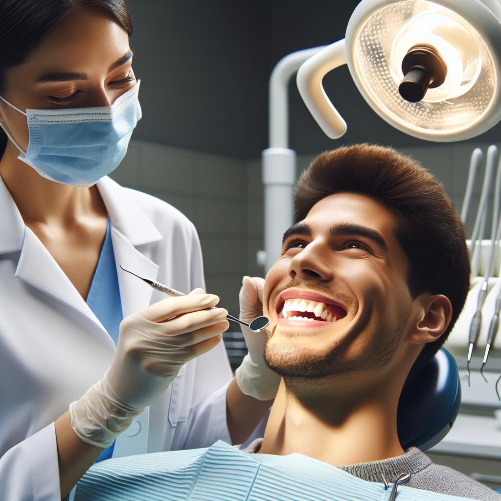 "Dentist examining smiling patient"