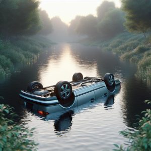 Overturned car in pond