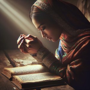 Woman praying over open book