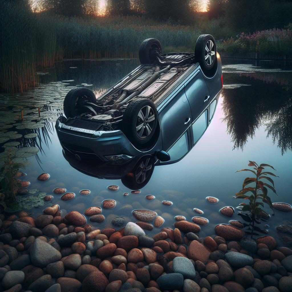 Overturned car in pond