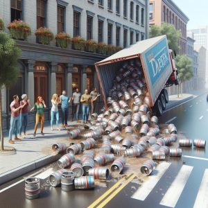 Spilled beer truck, laughter-filled residents