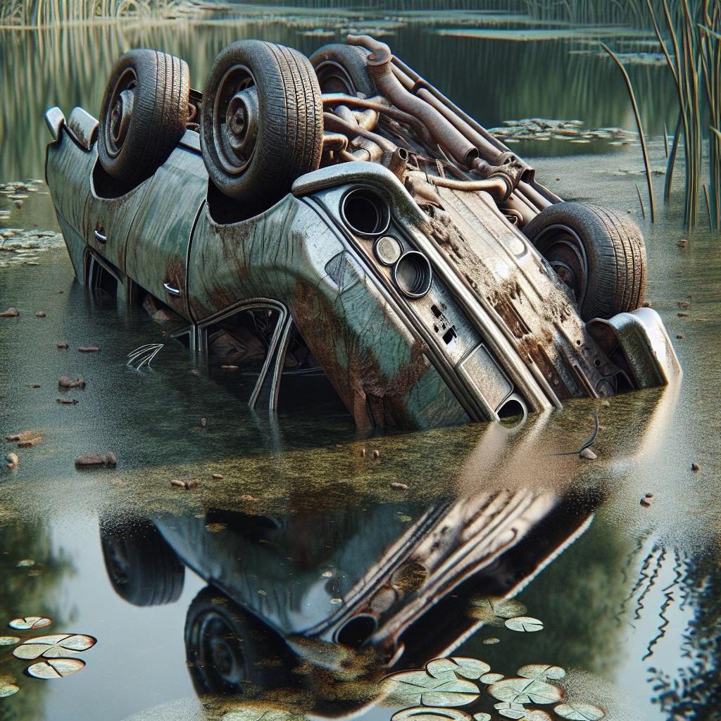 Overturned car in pond