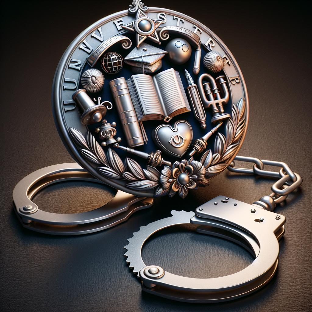 University emblem and handcuffs