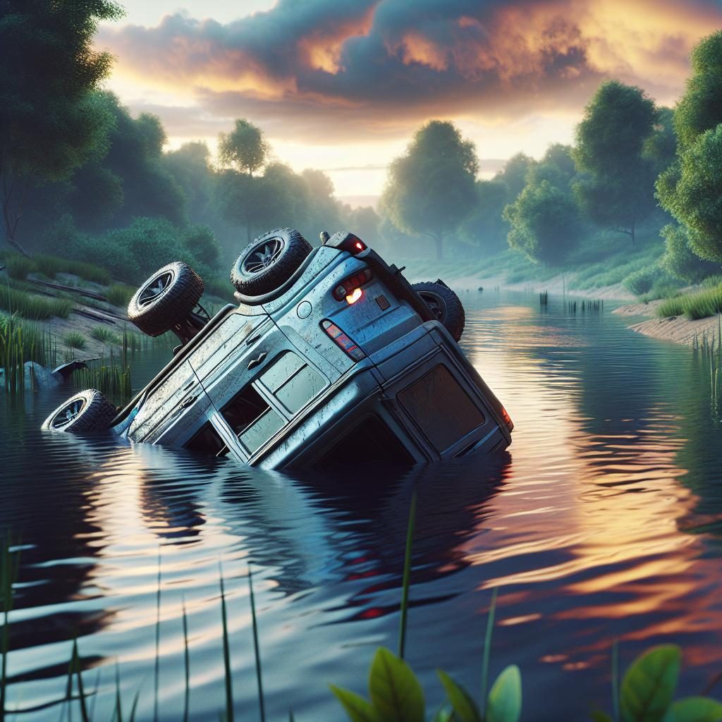 Overturned Car Submerged in Pond