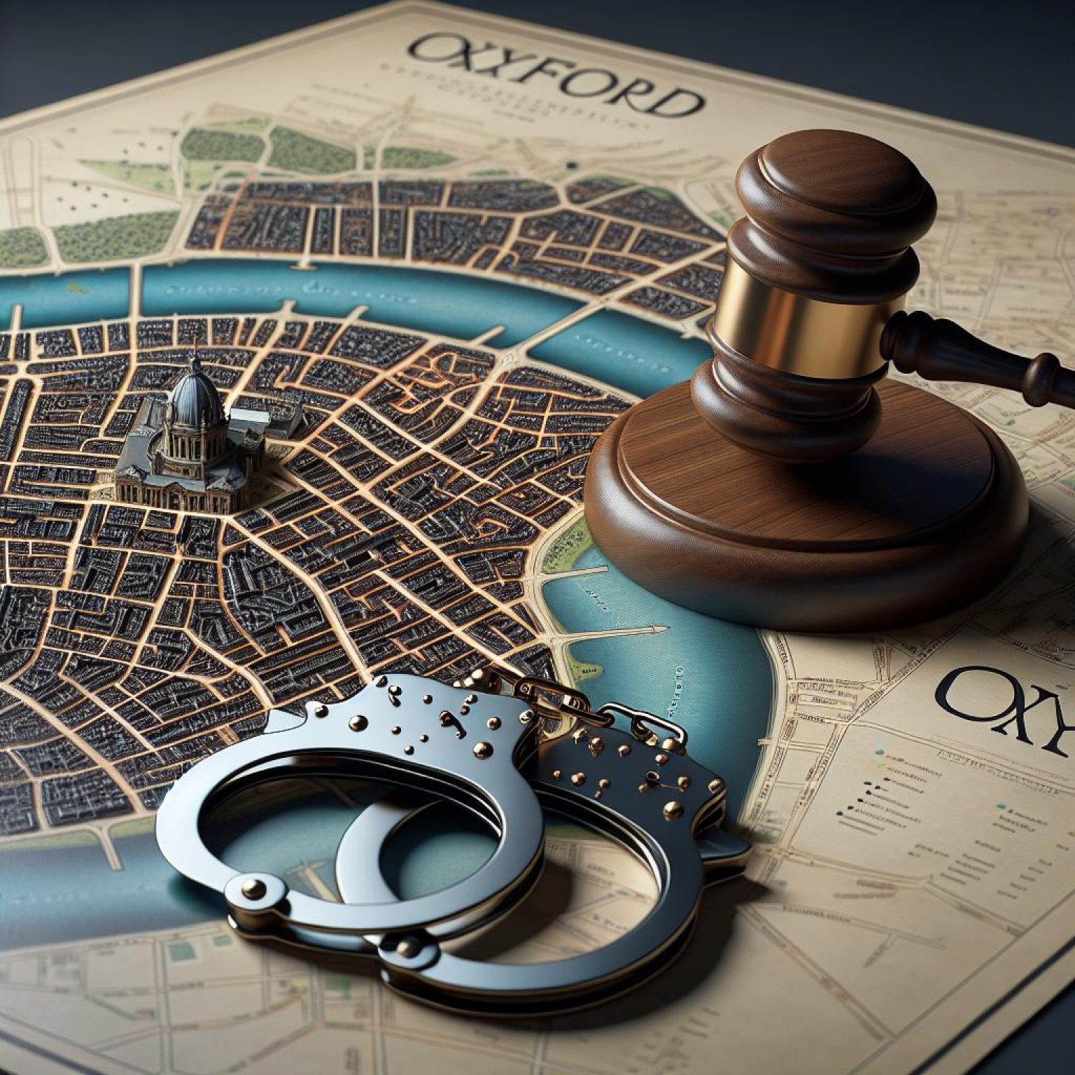 Gavel, handcuffs and Oxford map