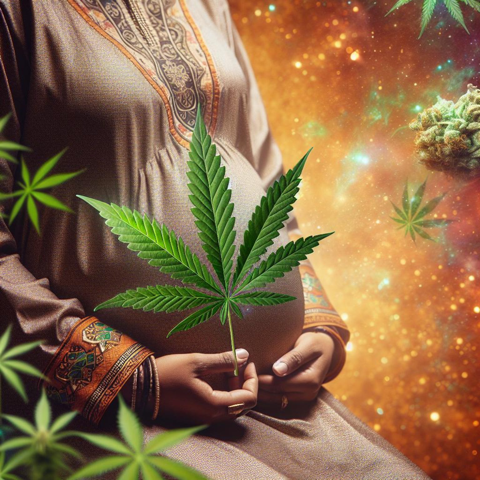 Pregnant woman and cannabis leaf