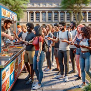 Students swiping meal cards at food truck