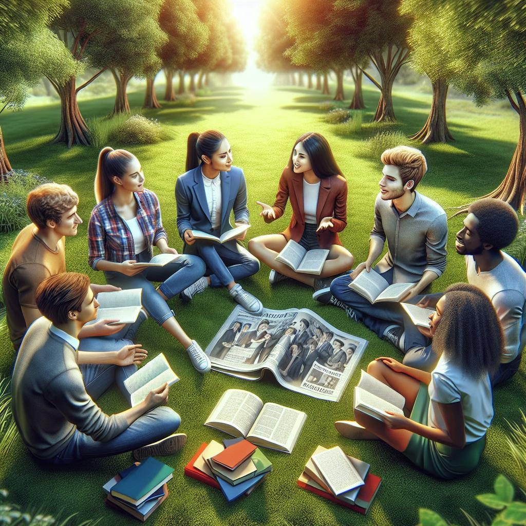 "Students discussing politics outdoors"