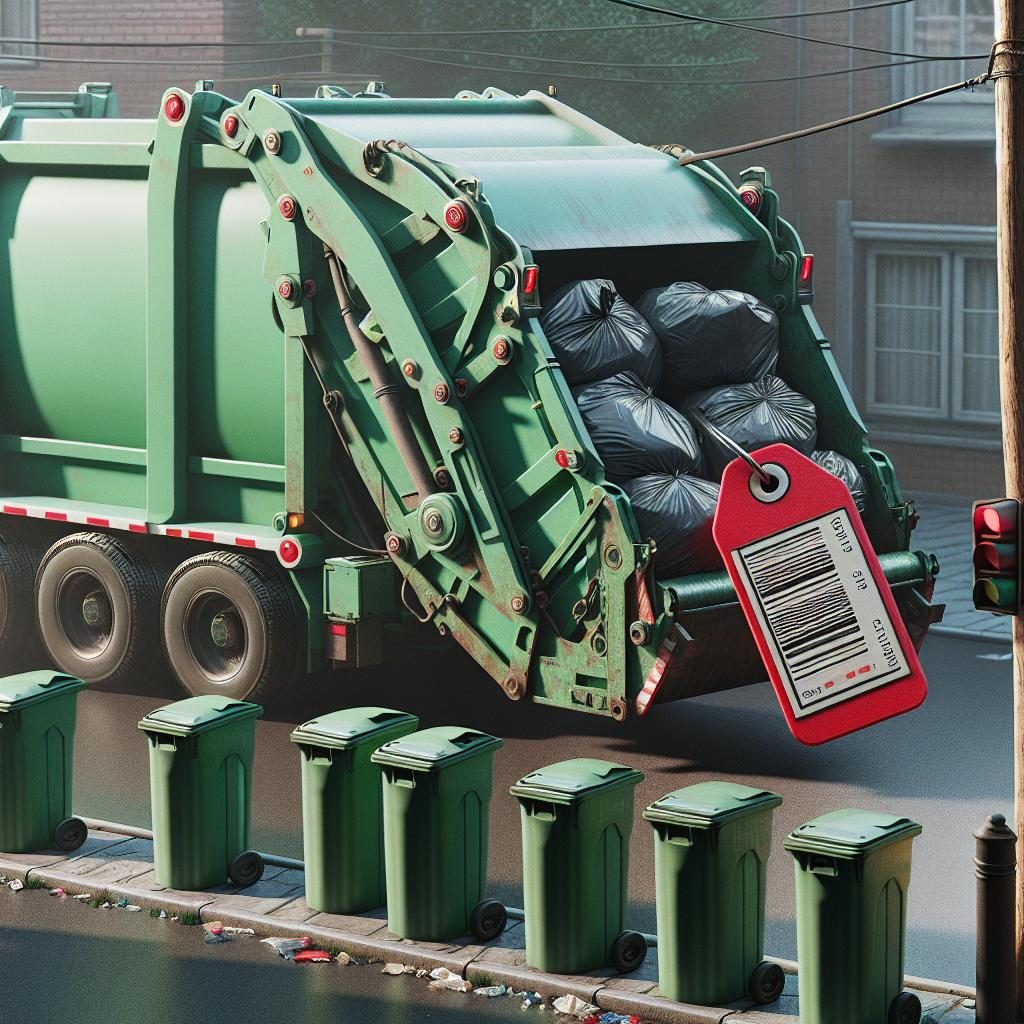 "Garbage truck collecting trash, price tag"