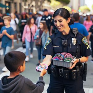 Police officer distributing drink coasters