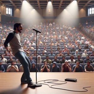 Comedian performing in university auditorium