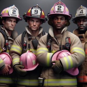 "Firefighters holding pink helmet"