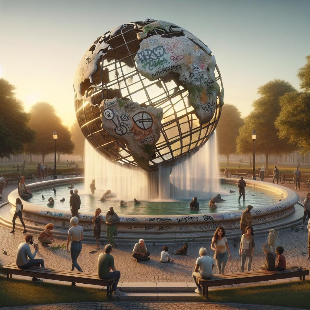 "Vandalized globe fountain in park"