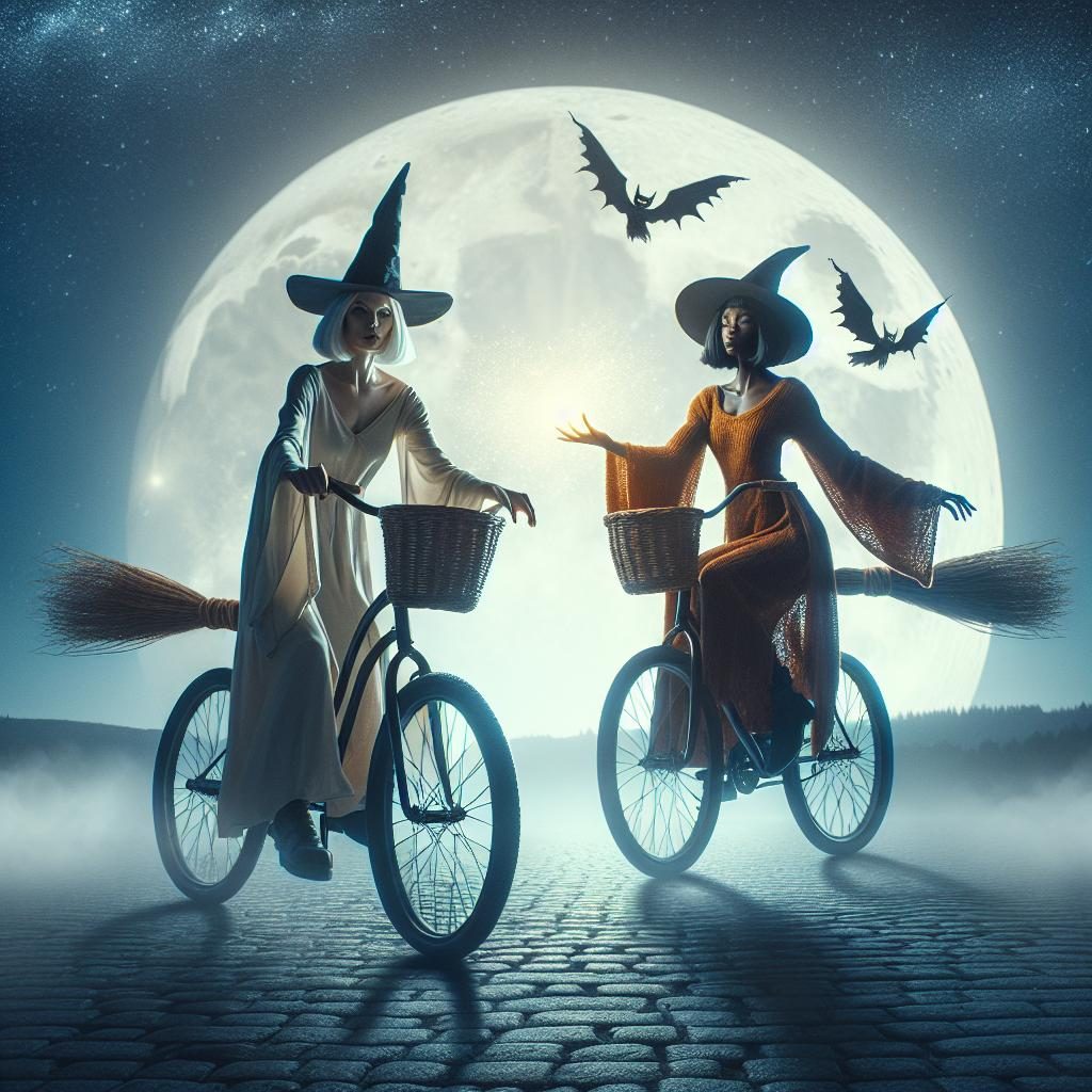 Witches Riding Broomstick Bikes