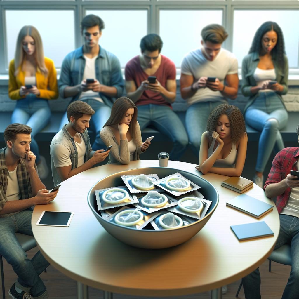 Students ignoring bowl of condoms