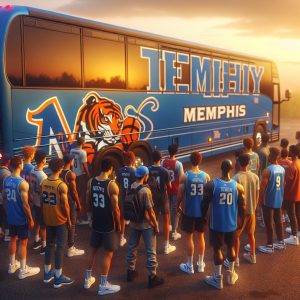 Memphis Tigers team bus at sunset