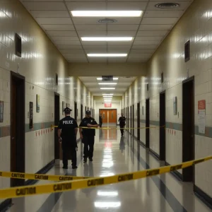 Empty school hallway with police presence and caution tape.