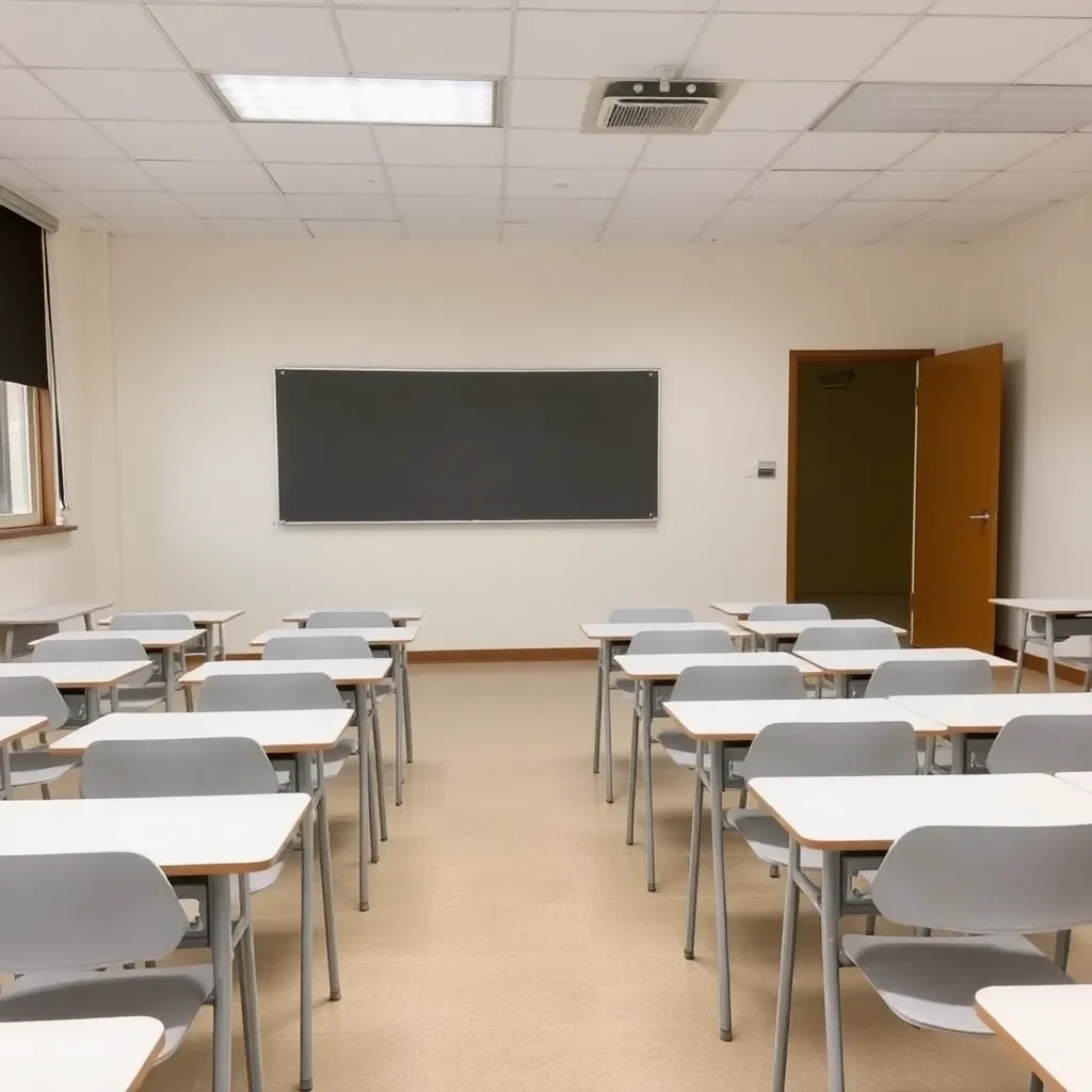 Classroom with empty desks and an open door.