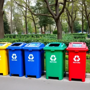 Colorful recycling bins in an urban park setting.