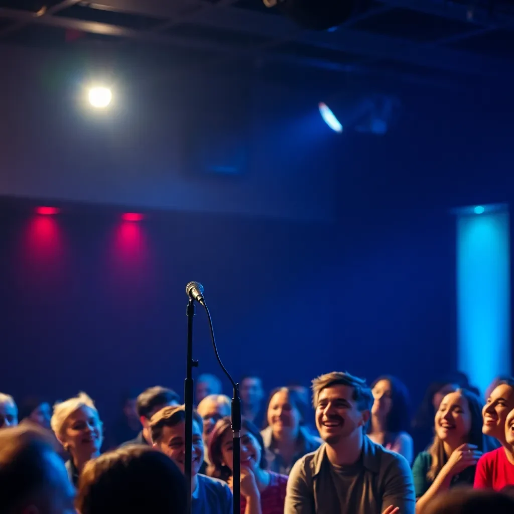 Lively comedy stage with microphone and audience laughing.