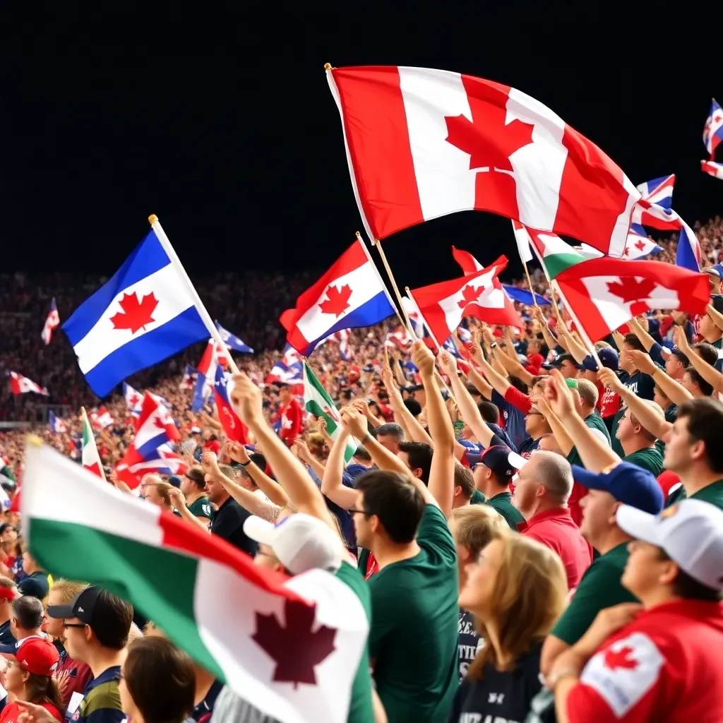 Cheerful crowd waving flags at a spirited football game.