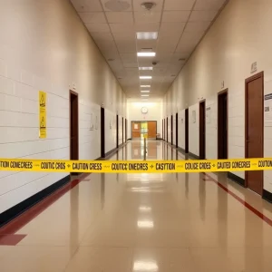 Empty school hallway with caution tape and closed doors.