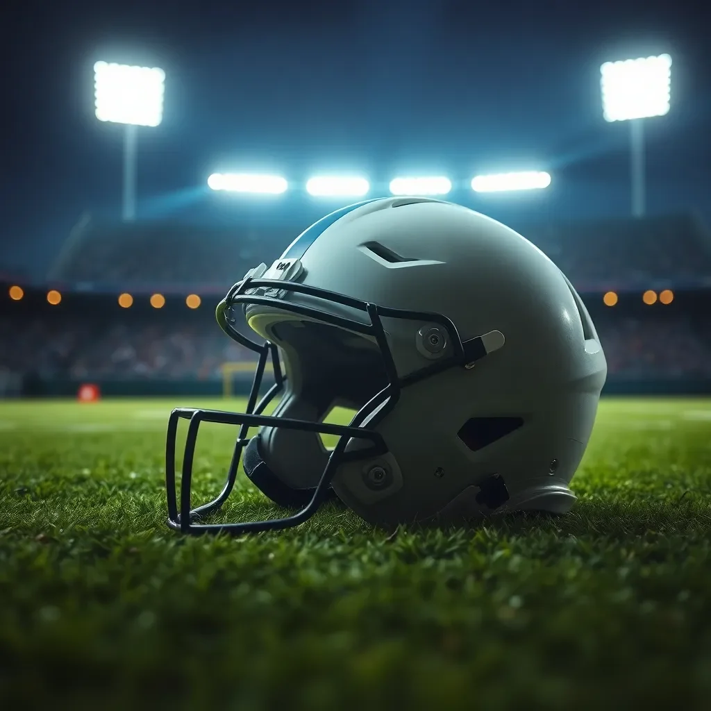 Football helmet and football field under stadium lights.