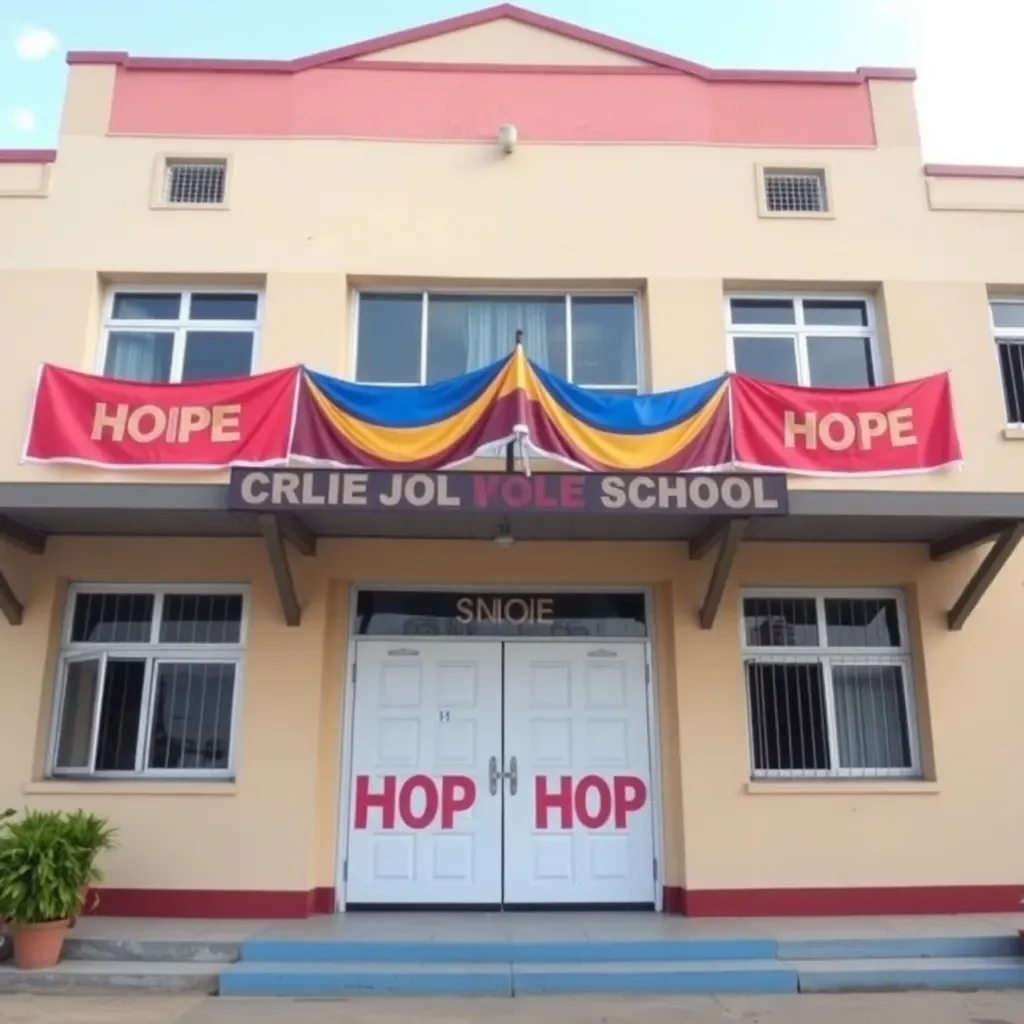 A school building with bright banners promoting unity and hope.