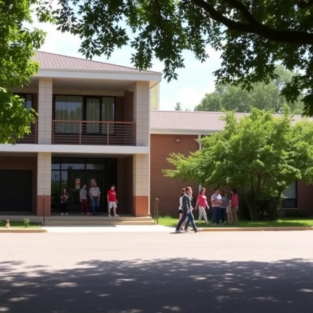 School building with calm surroundings and community gathering.