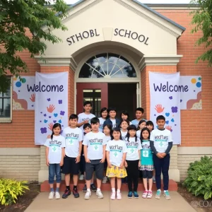 School building with students and welcoming banners.