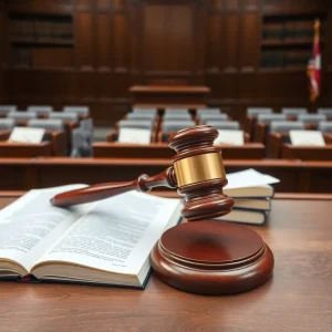 Courtroom with gavel, legal books, and empty witness stand.